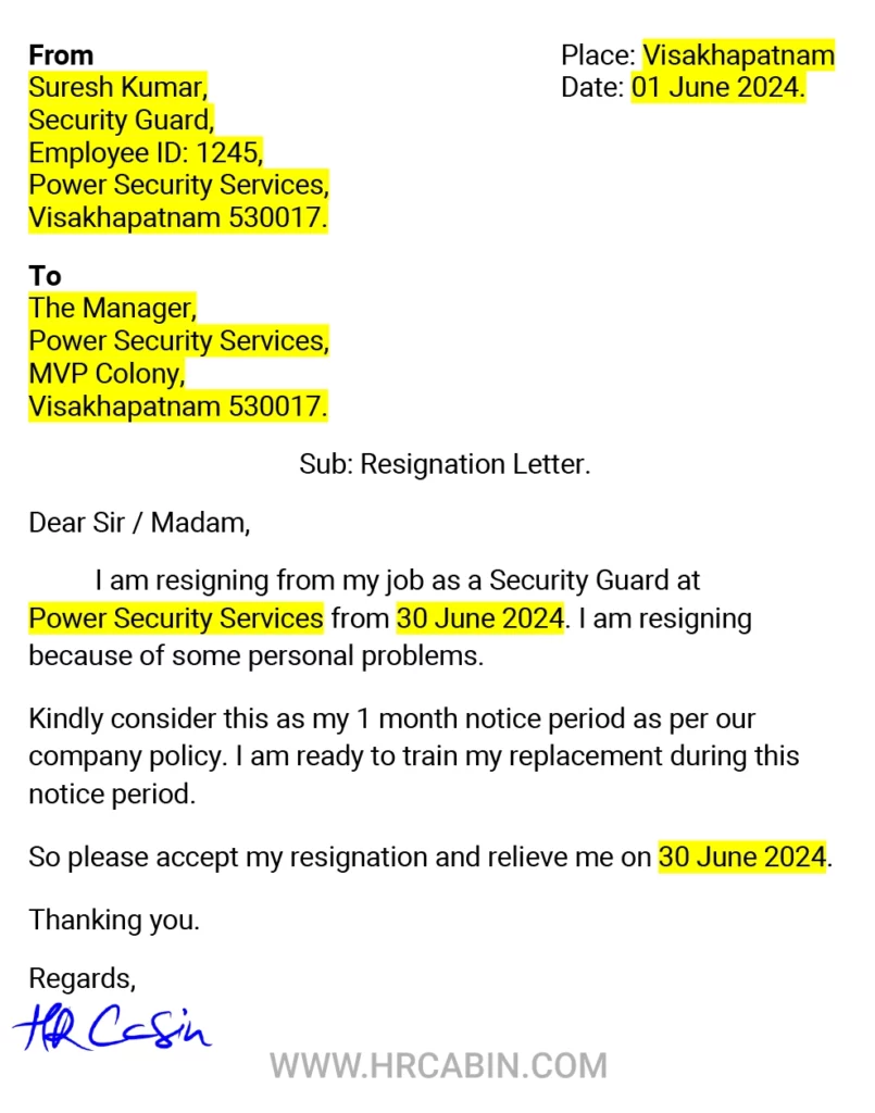 Security guard resignation letter in Word